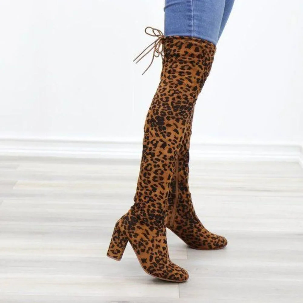 Suede Leopard Thigh High Heeled Boots